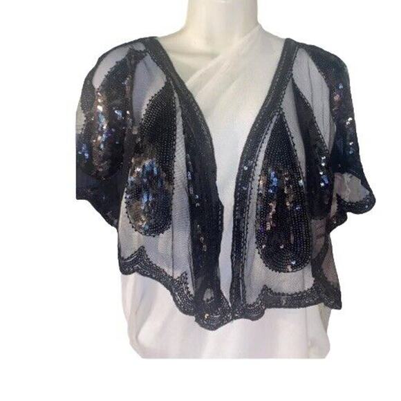 Vintage Sequin Black Poncho Butterfly Teardrop Womens Cropped Art Deco Scalloped - Picture 14 of 16